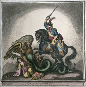 聖ジョージとドラゴン、ウィンザー城のオリジナルからの馬術像のデザインで、ジェームズ・ギレイ（1756-1815）によって刻まれ、1805年にハンナ・ハンフリーから出版されました（手描きのエッチング）